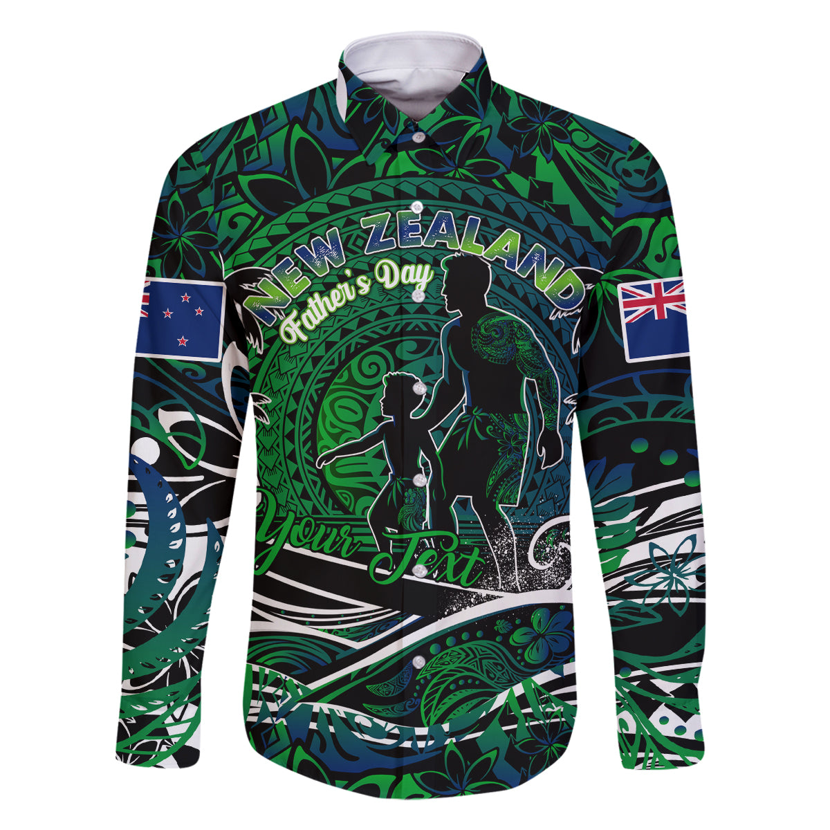 Father's Day New Zealand Family Matching Long Sleeve Bodycon Dress and Hawaiian Shirt Special Dad Polynesia Paradise DT02 Dad's Shirt - Long Sleeve Green - Polynesian Pride