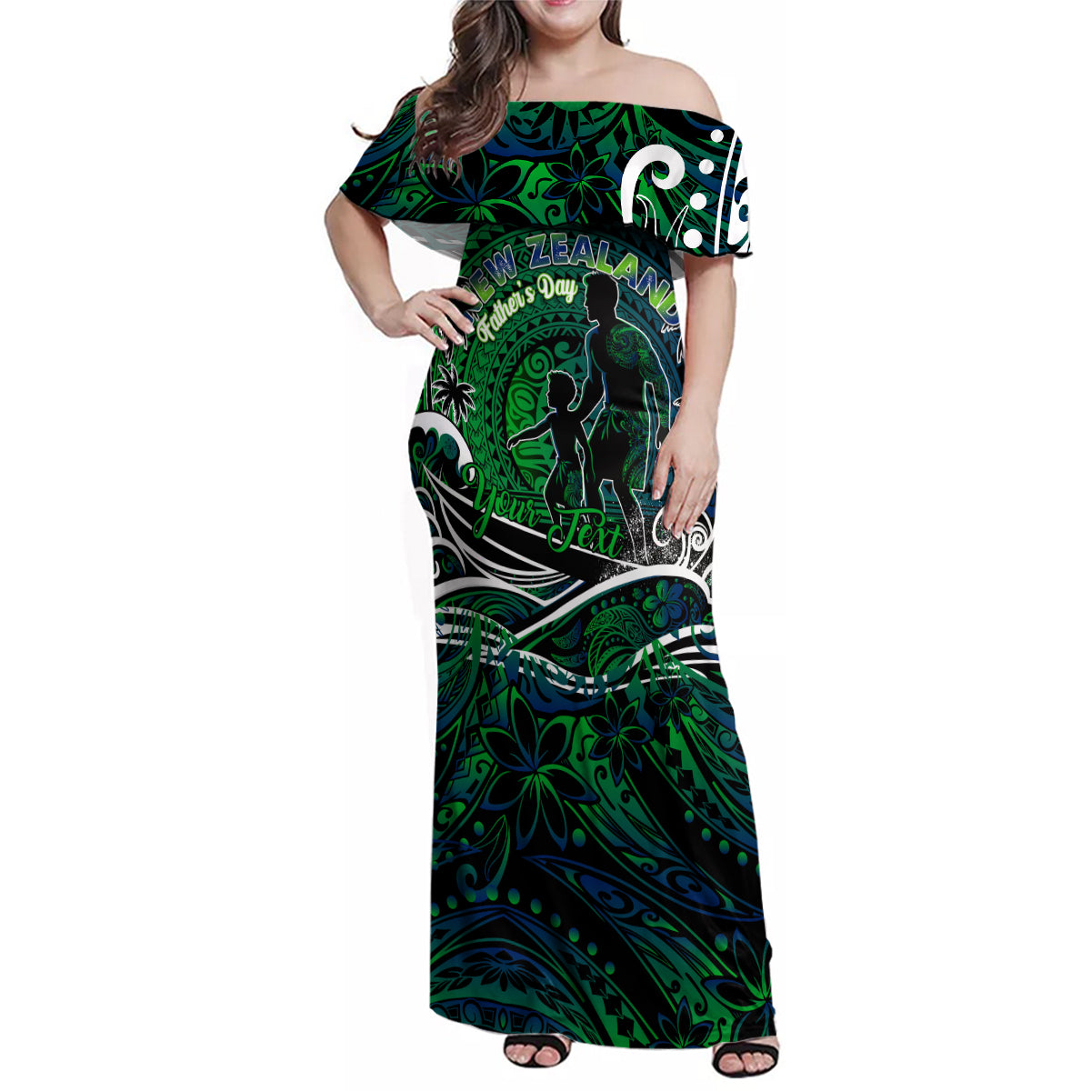Father's Day New Zealand Family Matching Off Shoulder Maxi Dress and Hawaiian Shirt Special Dad Polynesia Paradise DT02 Mom's Dress Green - Polynesian Pride