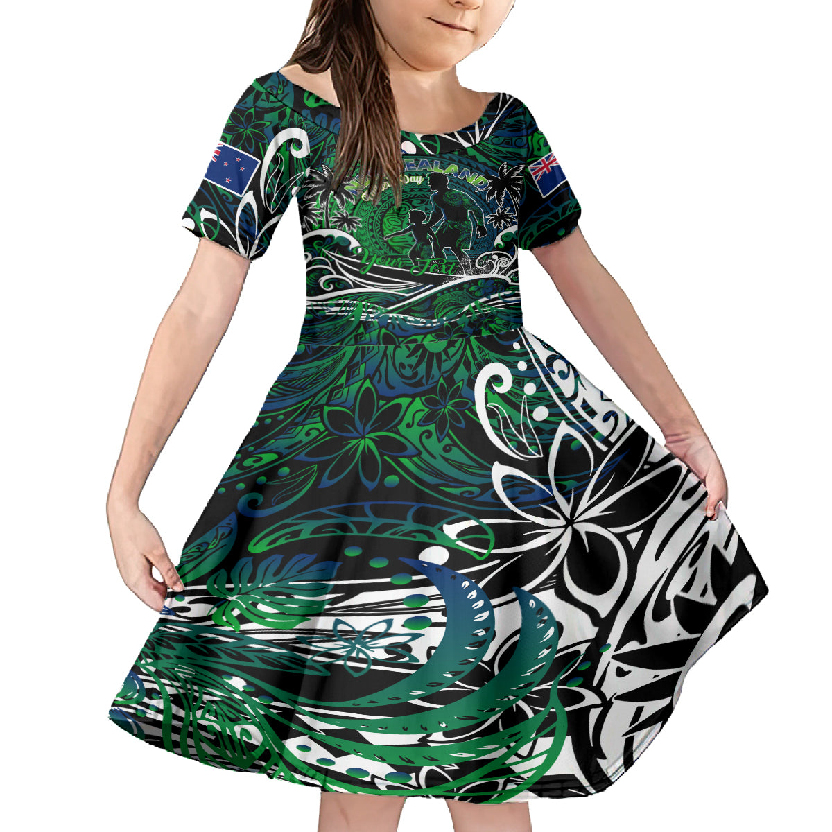 Father's Day New Zealand Family Matching Puletasi and Hawaiian Shirt Special Dad Polynesia Paradise DT02 Daughter's Dress Green - Polynesian Pride