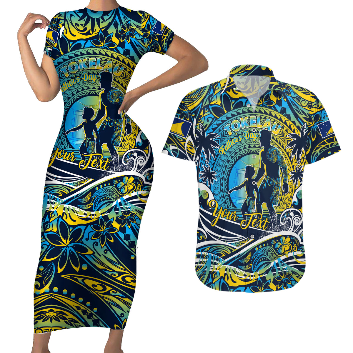 Father's Day Tokelau Couples Matching Short Sleeve Bodycon Dress and Hawaiian Shirt Special Dad Polynesia Paradise DT02 Blue - Polynesian Pride
