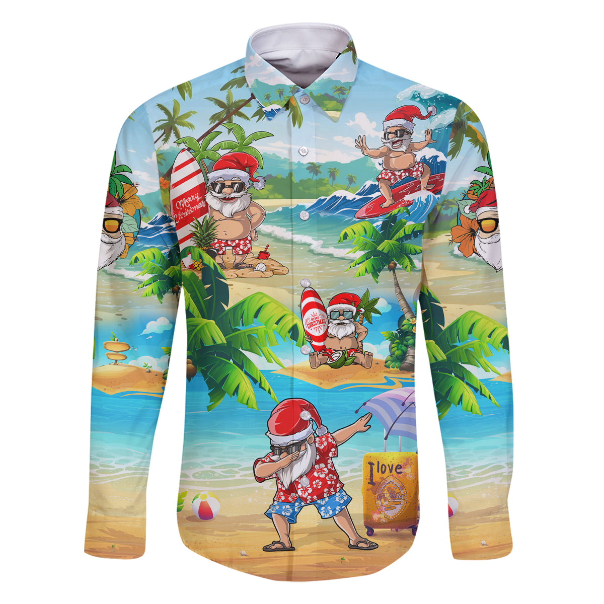 Guam Christmas Family Matching Mermaid Dress and Hawaiian Shirt Santa Claus Beach and Wave DT02 Dad's Shirt - Long Sleeve Art - Polynesian Pride