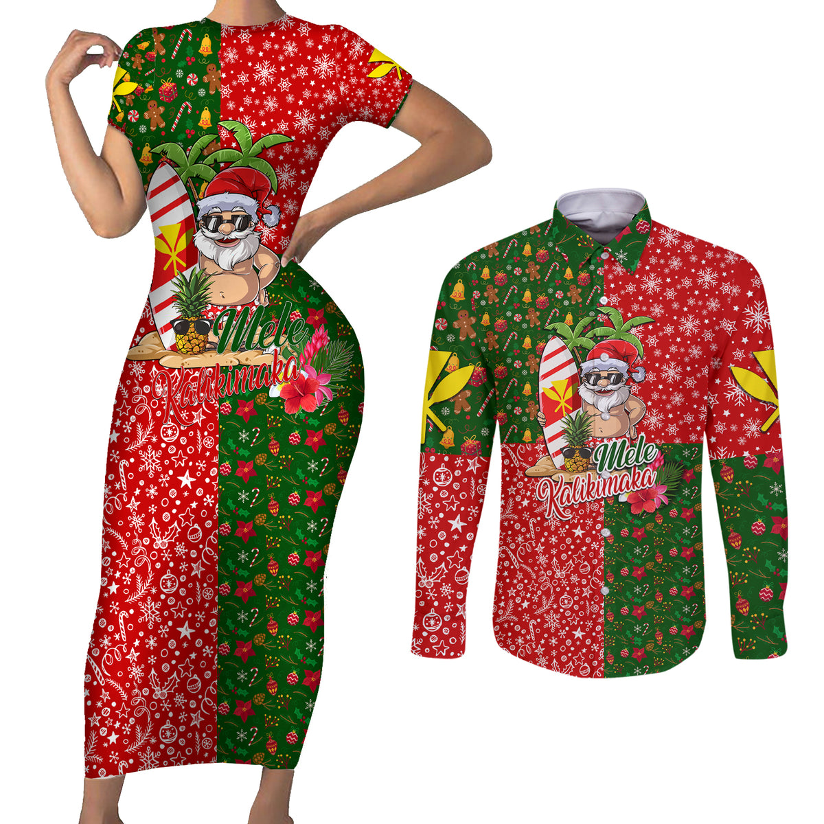 Hawaii Christmas Couples Matching Short Sleeve Bodycon Dress and Long Sleeve Button Shirts Mele Kalikimaka Kanaka Maoli DT02 Art - Polynesian Pride