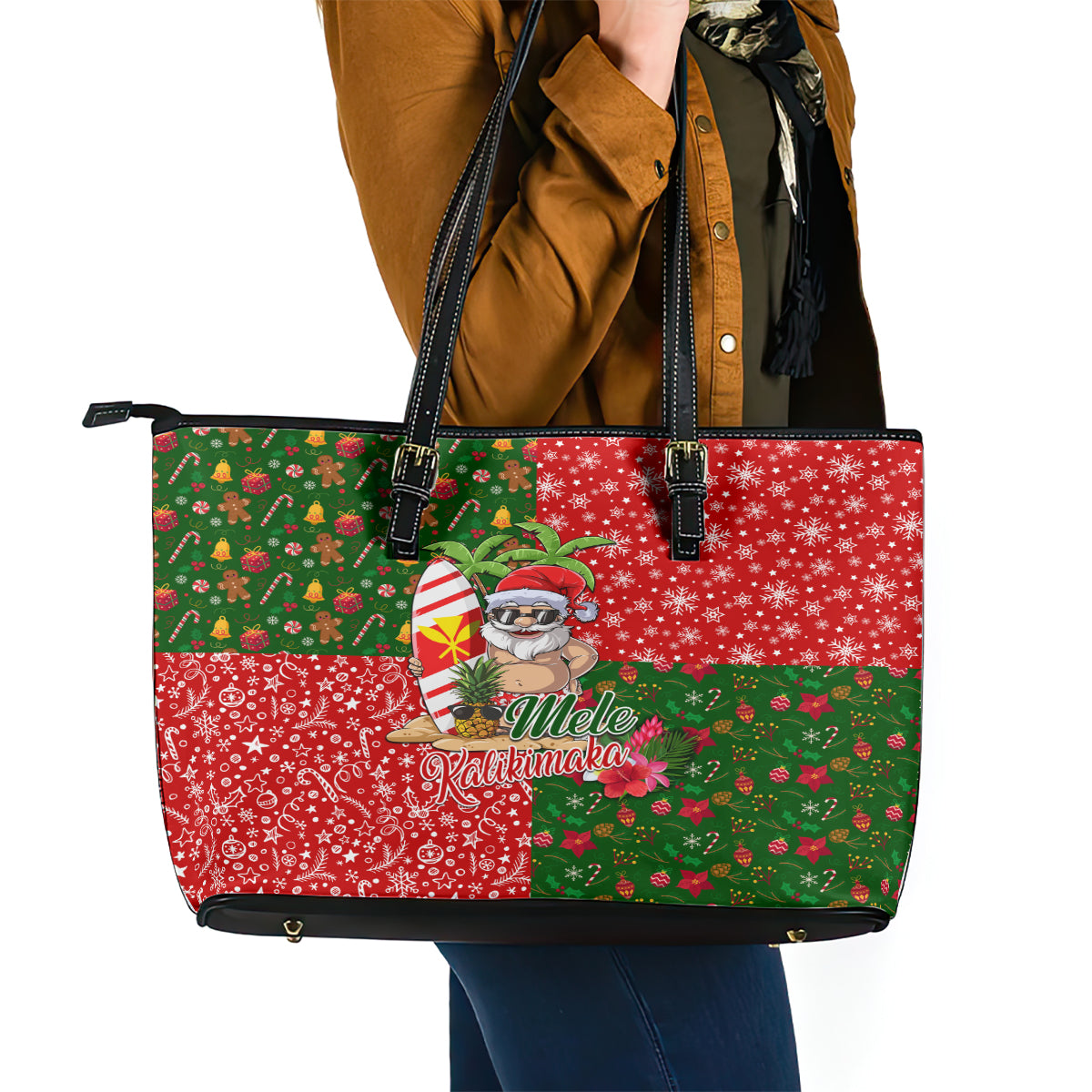 Hawaii Christmas Leather Tote Bag Mele Kalikimaka Kanaka Maoli DT02 - Polynesian Pride