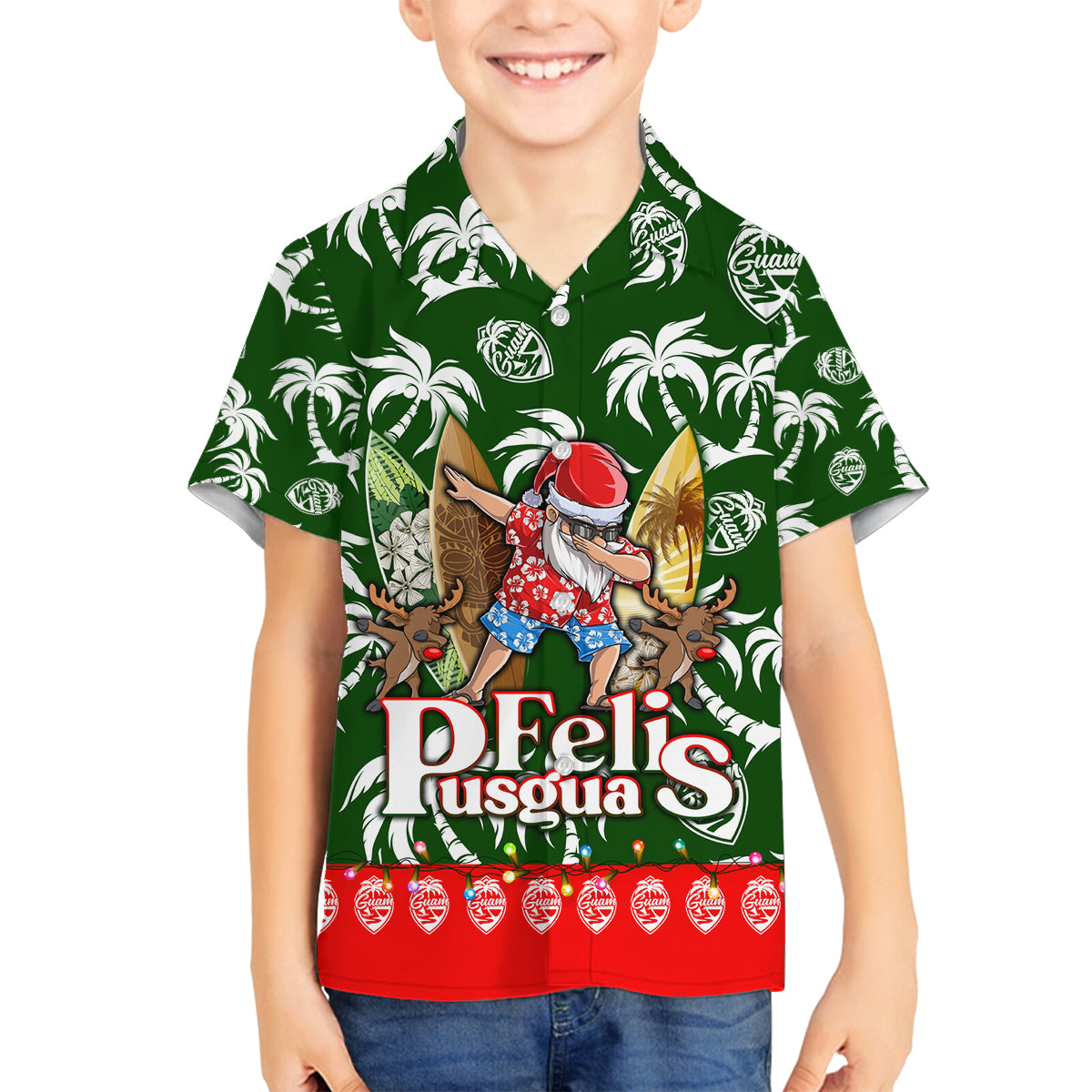 Guam Christmas Family Matching Off Shoulder Short Dress and Hawaiian Shirt Felis Pusgua Tropical Xmas Patterns DT02 Son's Shirt Green - Polynesian Pride