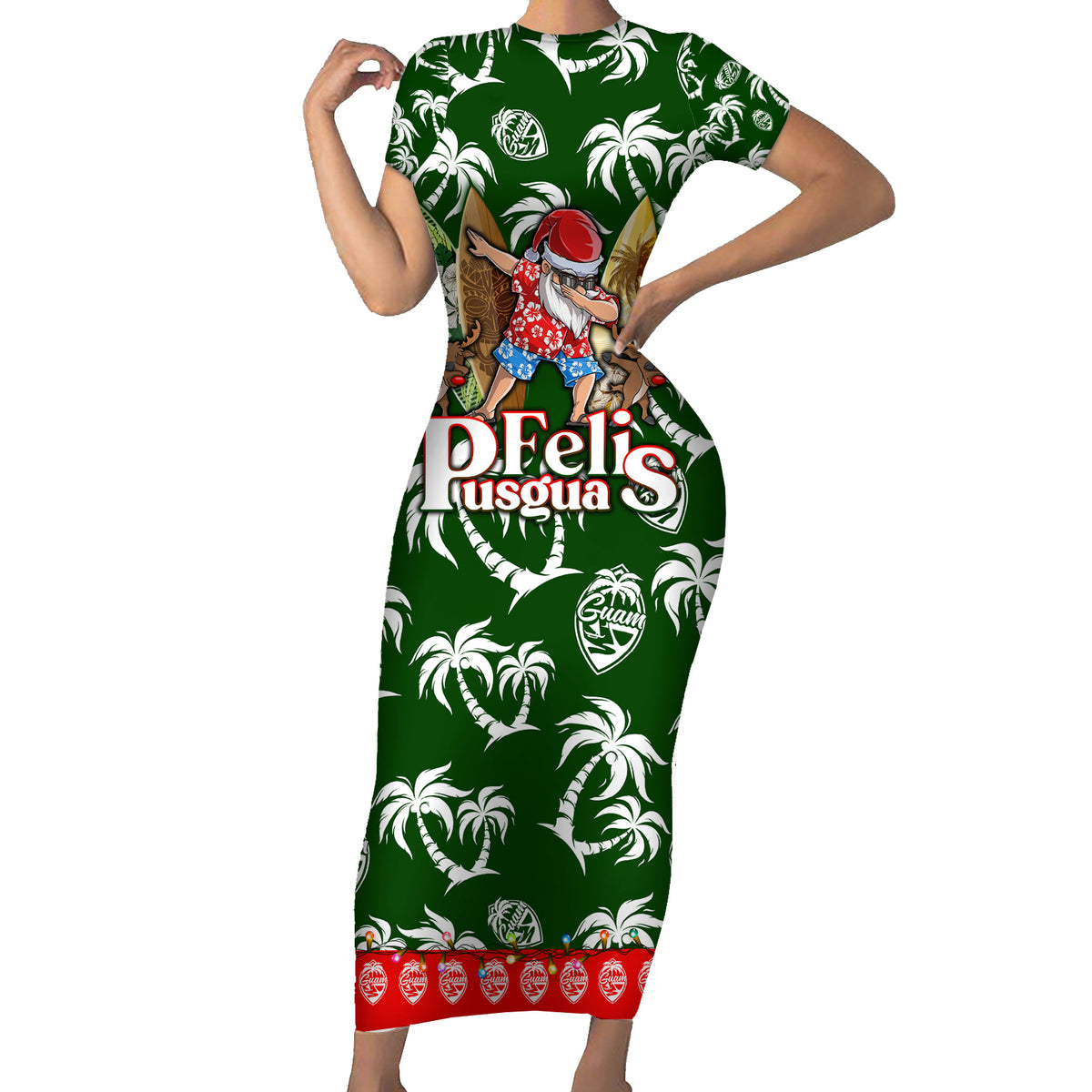 Guam Christmas Family Matching Short Sleeve Bodycon Dress and Hawaiian Shirt Felis Pusgua Tropical Xmas Patterns DT02 Mom's Dress Green - Polynesian Pride