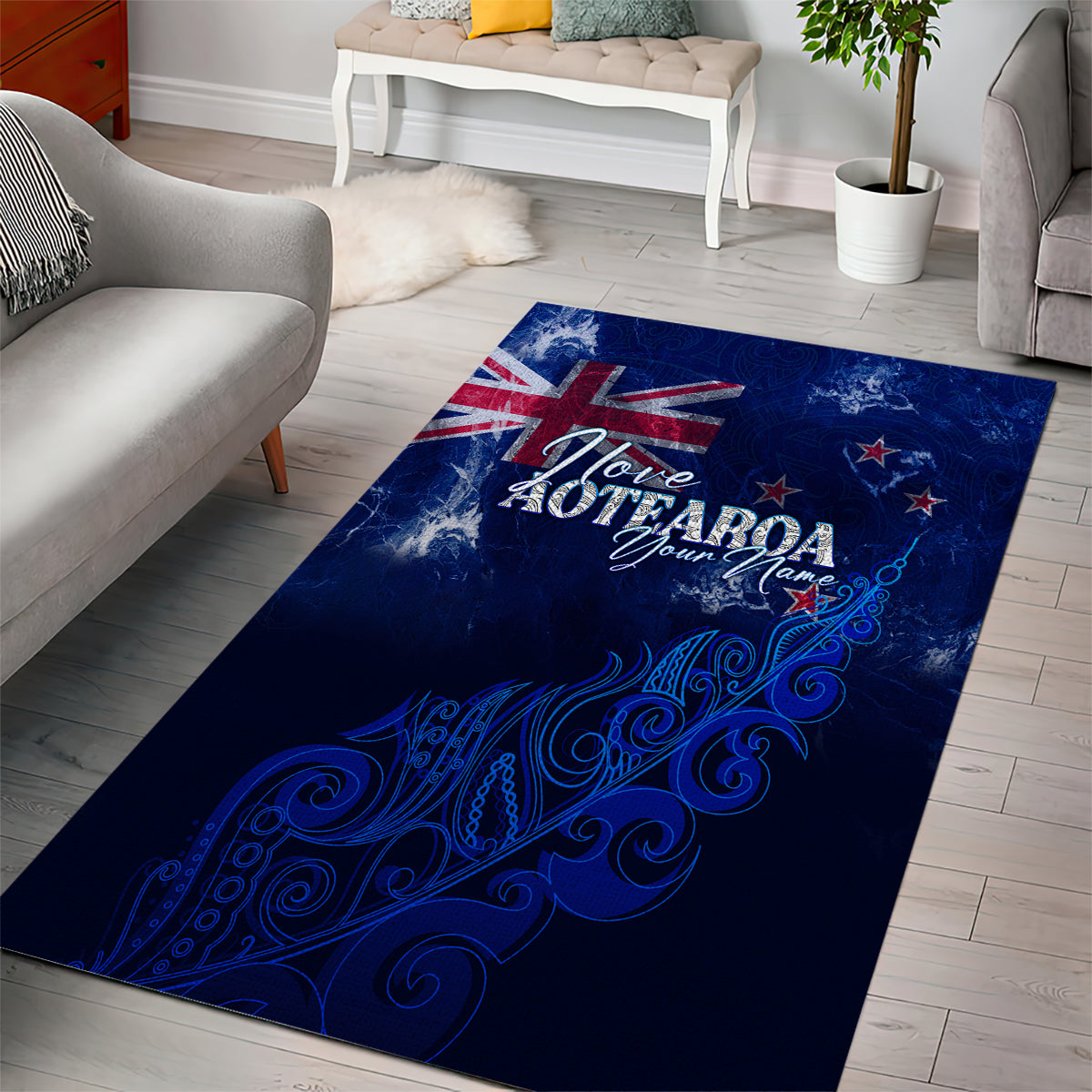 Personalised New Zealand Area Rug Aotearoa Map Silver Fern DT02 - Polynesian Pride