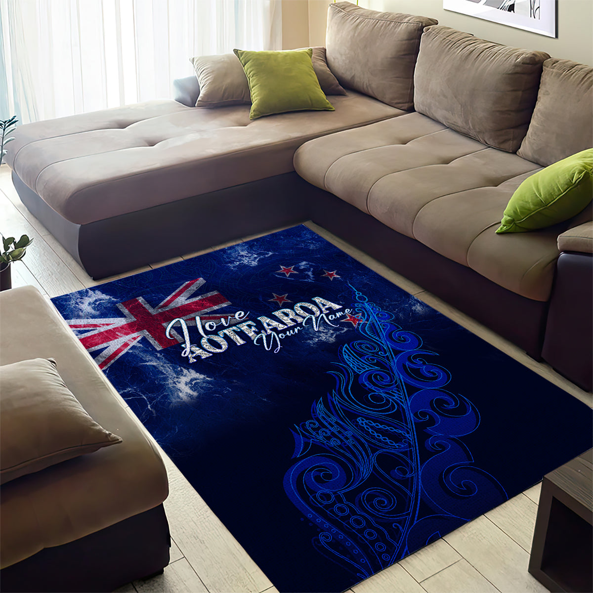 Personalised New Zealand Area Rug Aotearoa Map Silver Fern DT02 - Polynesian Pride