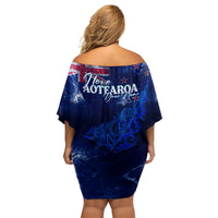 Personalised New Zealand Family Matching Off Shoulder Short Dress and Hawaiian Shirt Aotearoa Map Silver Fern DT02 - Polynesian Pride