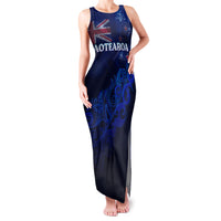 Personalised New Zealand Family Matching Tank Maxi Dress and Hawaiian Shirt Aotearoa Map Silver Fern DT02 Mom's Dress Blue - Polynesian Pride