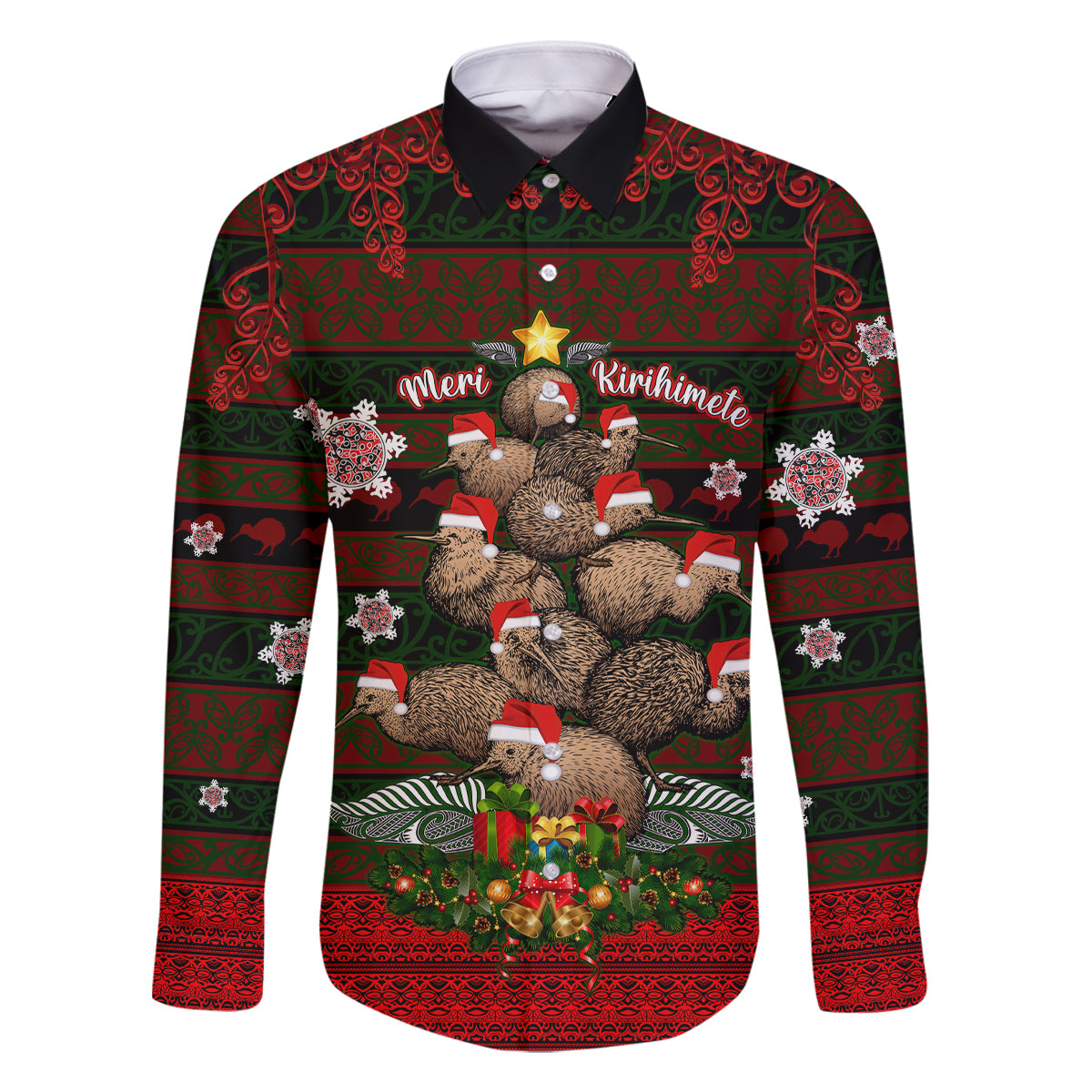 Meri Kirihimete New Zealand Family Matching Off Shoulder Long Sleeve Dress and Hawaiian Shirt Christmas Kiwi Maori DT02 Dad's Shirt - Long Sleeve Red - Polynesian Pride