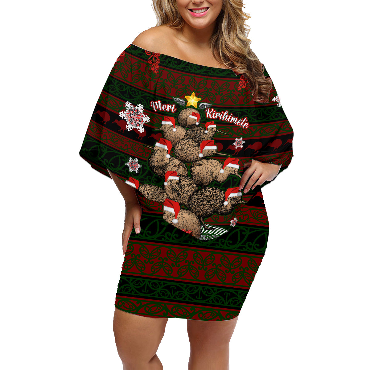 Meri Kirihimete New Zealand Family Matching Off Shoulder Short Dress and Hawaiian Shirt Christmas Kiwi Maori DT02 Mom's Dress Red - Polynesian Pride