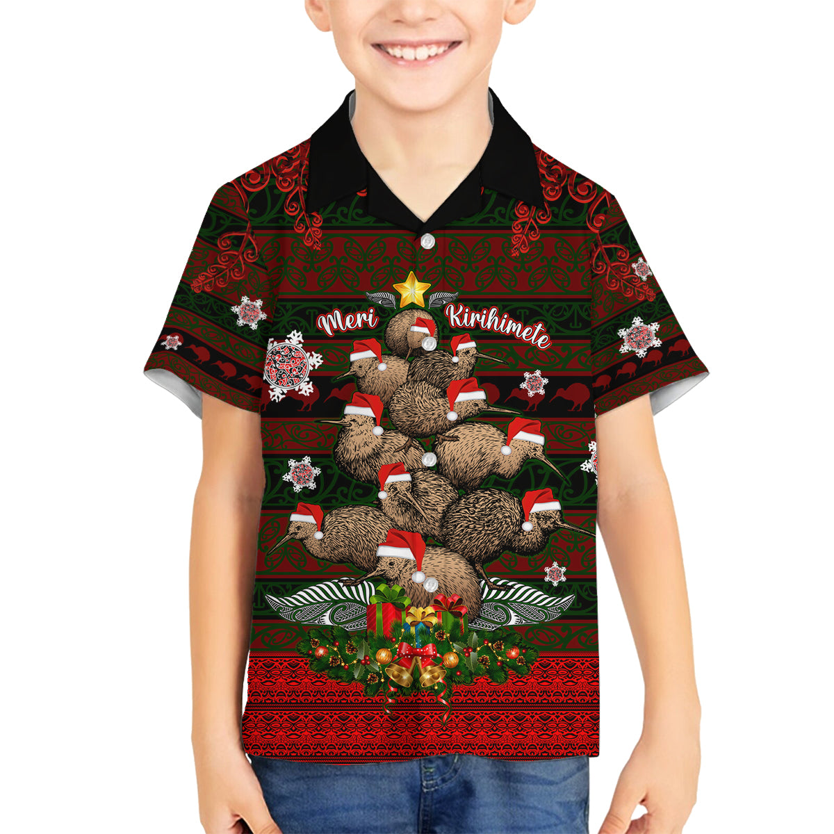 Meri Kirihimete New Zealand Family Matching Off Shoulder Short Dress and Hawaiian Shirt Christmas Kiwi Maori DT02 Son's Shirt Red - Polynesian Pride