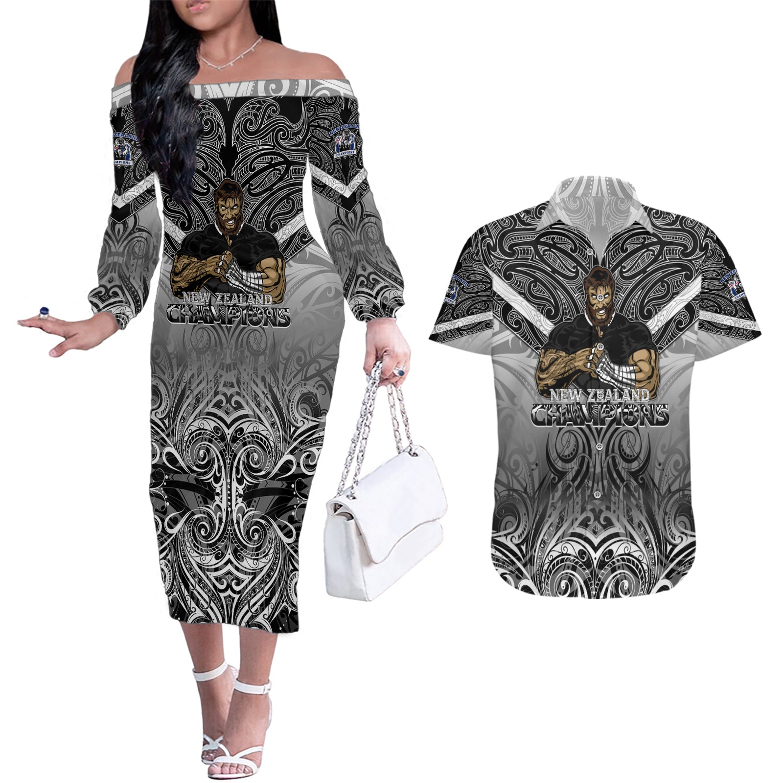 New Zealand Couples Matching Off The Shoulder Long Sleeve Dress and Hawaiian Shirt Rugby Aotearoa Champions DT02 Black - Polynesian Pride