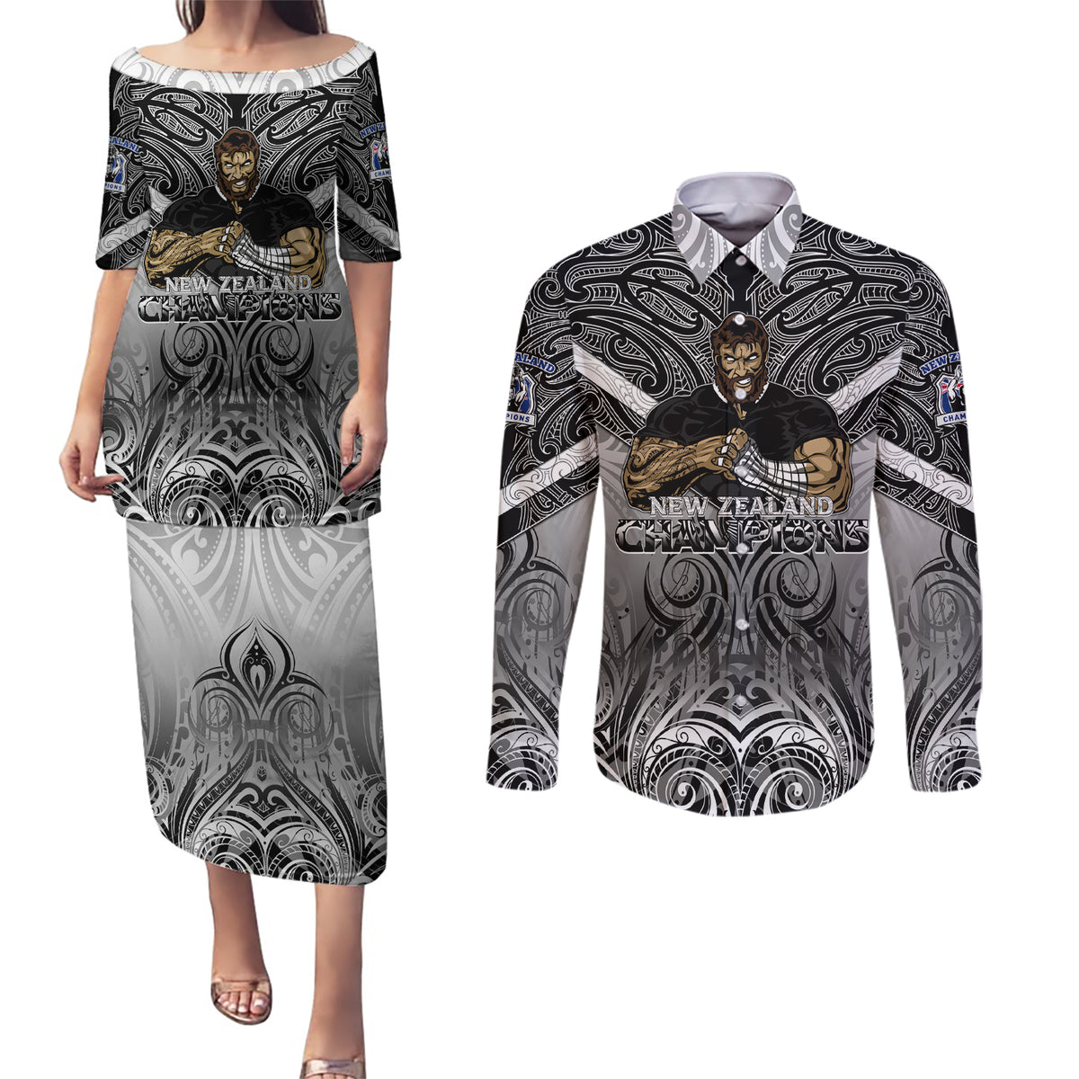 New Zealand Couples Matching Puletasi Dress and Long Sleeve Button Shirt Rugby Aotearoa Champions DT02 Black - Polynesian Pride