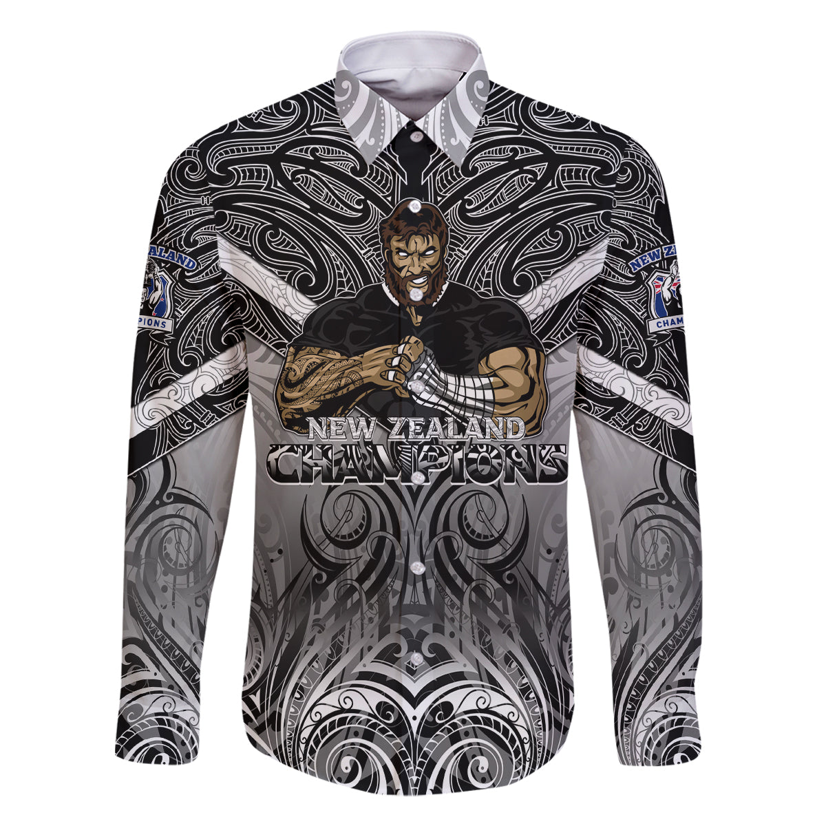 New Zealand Family Matching Off Shoulder Maxi Dress and Hawaiian Shirt Rugby Aotearoa Champions DT02 Dad's Shirt - Long Sleeve Black - Polynesian Pride