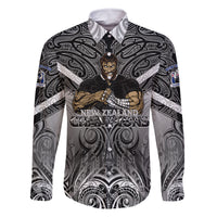 New Zealand Family Matching Off Shoulder Short Dress and Hawaiian Shirt Rugby Aotearoa Champions DT02 Dad's Shirt - Long Sleeve Black - Polynesian Pride