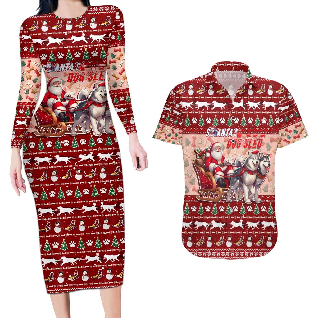 Dog Sled Christmas Couples Matching Long Sleeve Bodycon Dress and Hawaiian Shirt Husky Sleigh Ride Design DT02 Red - Polynesian Pride