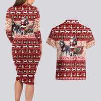 Dog Sled Christmas Couples Matching Long Sleeve Bodycon Dress and Hawaiian Shirt Husky Sleigh Ride Design DT02 - Polynesian Pride