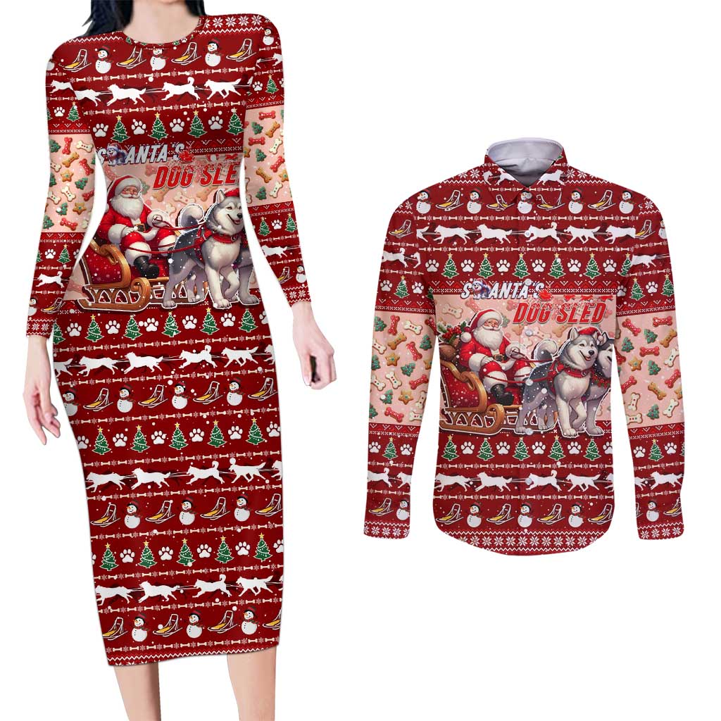 Dog Sled Christmas Couples Matching Long Sleeve Bodycon Dress and Long Sleeve Button Shirt Husky Sleigh Ride Design DT02 Red - Polynesian Pride
