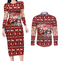 Dog Sled Christmas Couples Matching Long Sleeve Bodycon Dress and Long Sleeve Button Shirt Husky Sleigh Ride Design DT02 Red - Polynesian Pride
