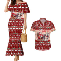 Dog Sled Christmas Couples Matching Mermaid Dress and Hawaiian Shirt Husky Sleigh Ride Design DT02 Red - Polynesian Pride