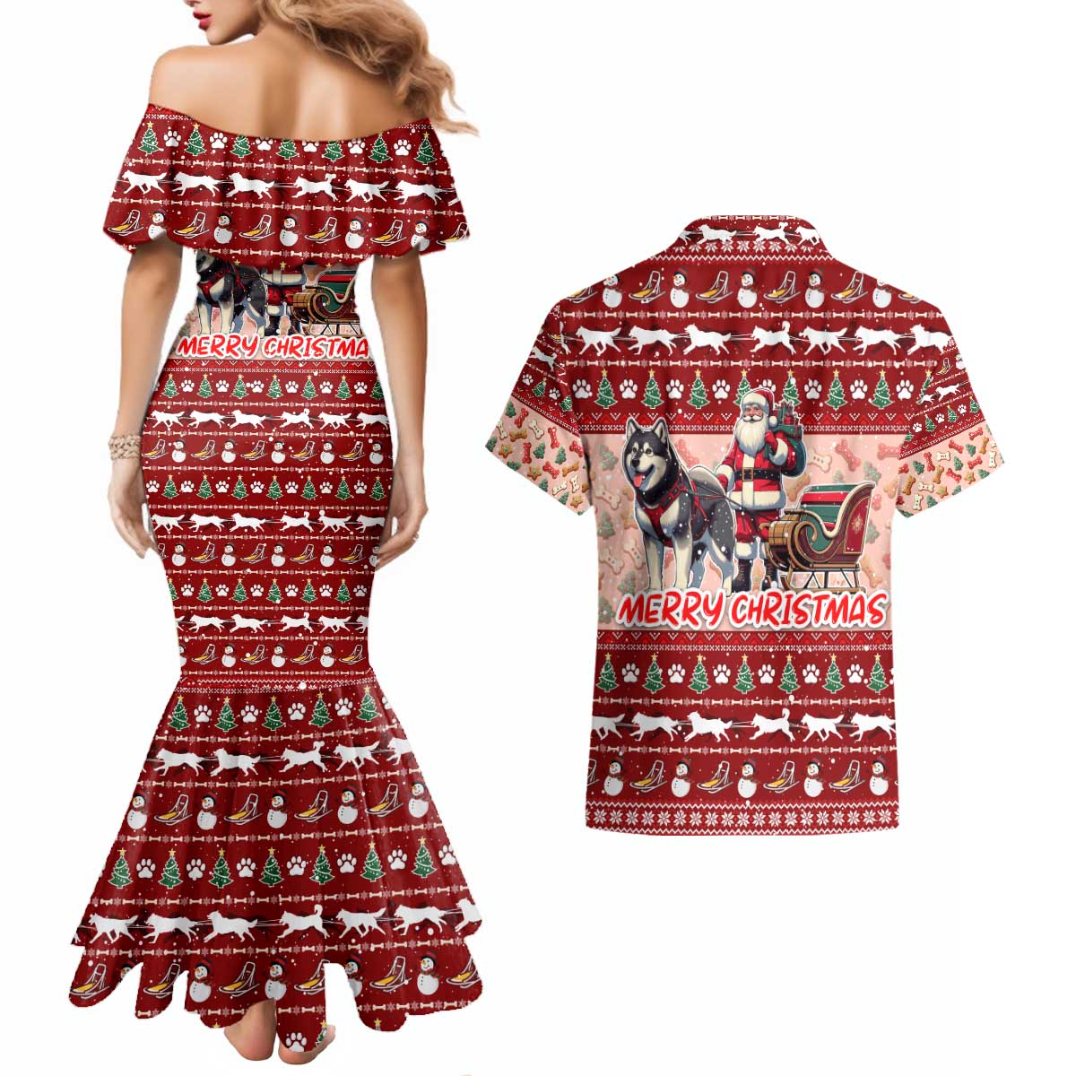 Dog Sled Christmas Couples Matching Mermaid Dress and Hawaiian Shirt Husky Sleigh Ride Design DT02 - Polynesian Pride
