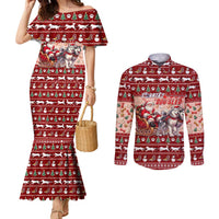 Dog Sled Christmas Couples Matching Mermaid Dress and Long Sleeve Button Shirt Husky Sleigh Ride Design DT02 Red - Polynesian Pride