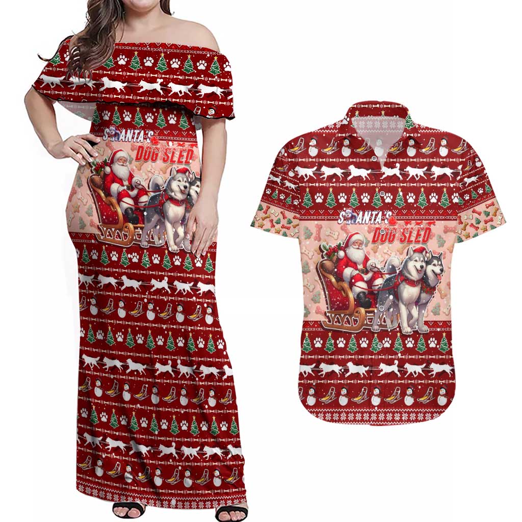 Dog Sled Christmas Couples Matching Off Shoulder Maxi Dress and Hawaiian Shirt Husky Sleigh Ride Design DT02 Red - Polynesian Pride