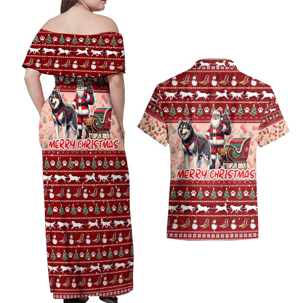 Dog Sled Christmas Couples Matching Off Shoulder Maxi Dress and Hawaiian Shirt Husky Sleigh Ride Design DT02 - Polynesian Pride