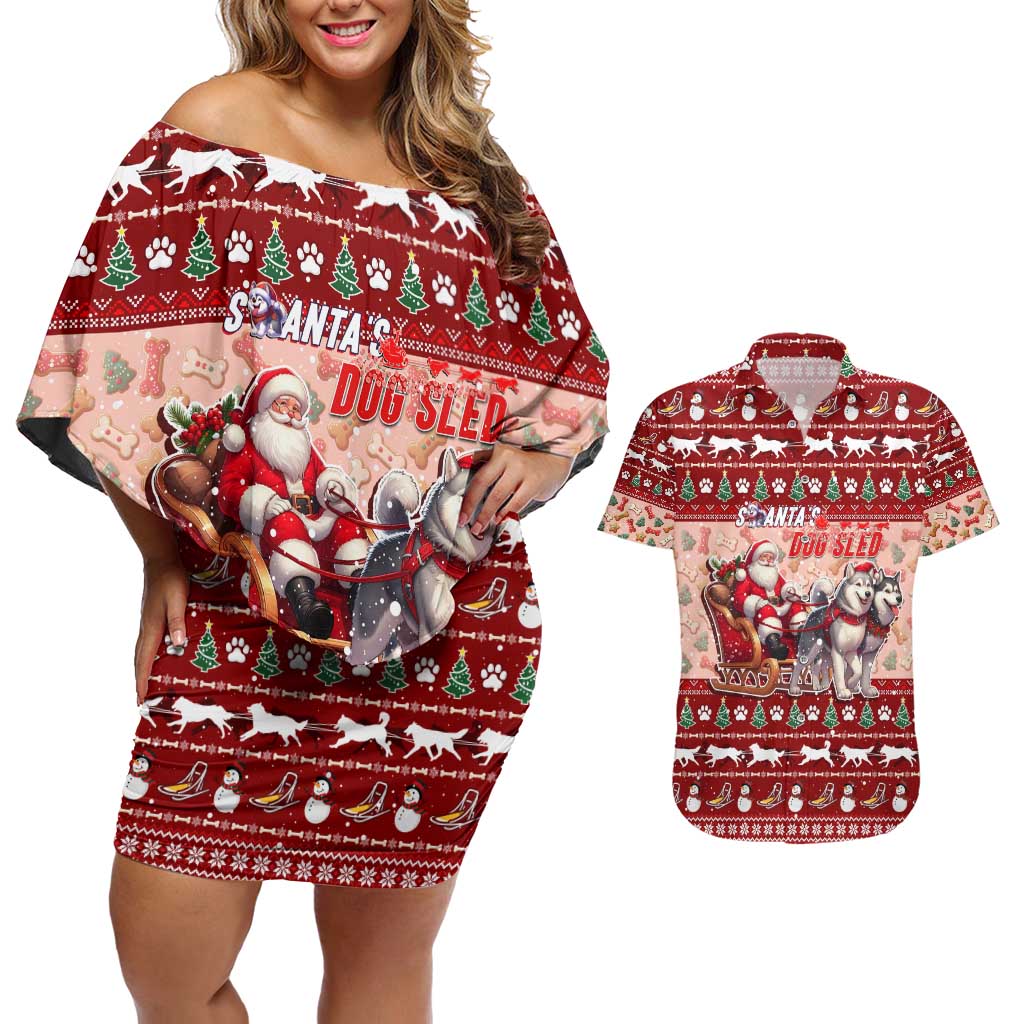 Dog Sled Christmas Couples Matching Off Shoulder Short Dress and Hawaiian Shirt Husky Sleigh Ride Design DT02 Red - Polynesian Pride