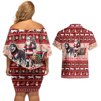 Dog Sled Christmas Couples Matching Off Shoulder Short Dress and Hawaiian Shirt Husky Sleigh Ride Design DT02 - Polynesian Pride