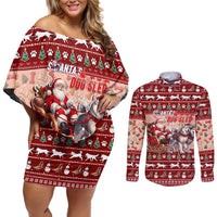 Dog Sled Christmas Couples Matching Off Shoulder Short Dress and Long Sleeve Button Shirt Husky Sleigh Ride Design - Polynesian Pride