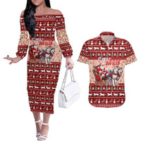 Dog Sled Christmas Couples Matching Off The Shoulder Long Sleeve Dress and Hawaiian Shirt Husky Sleigh Ride Design DT02 Red - Polynesian Pride