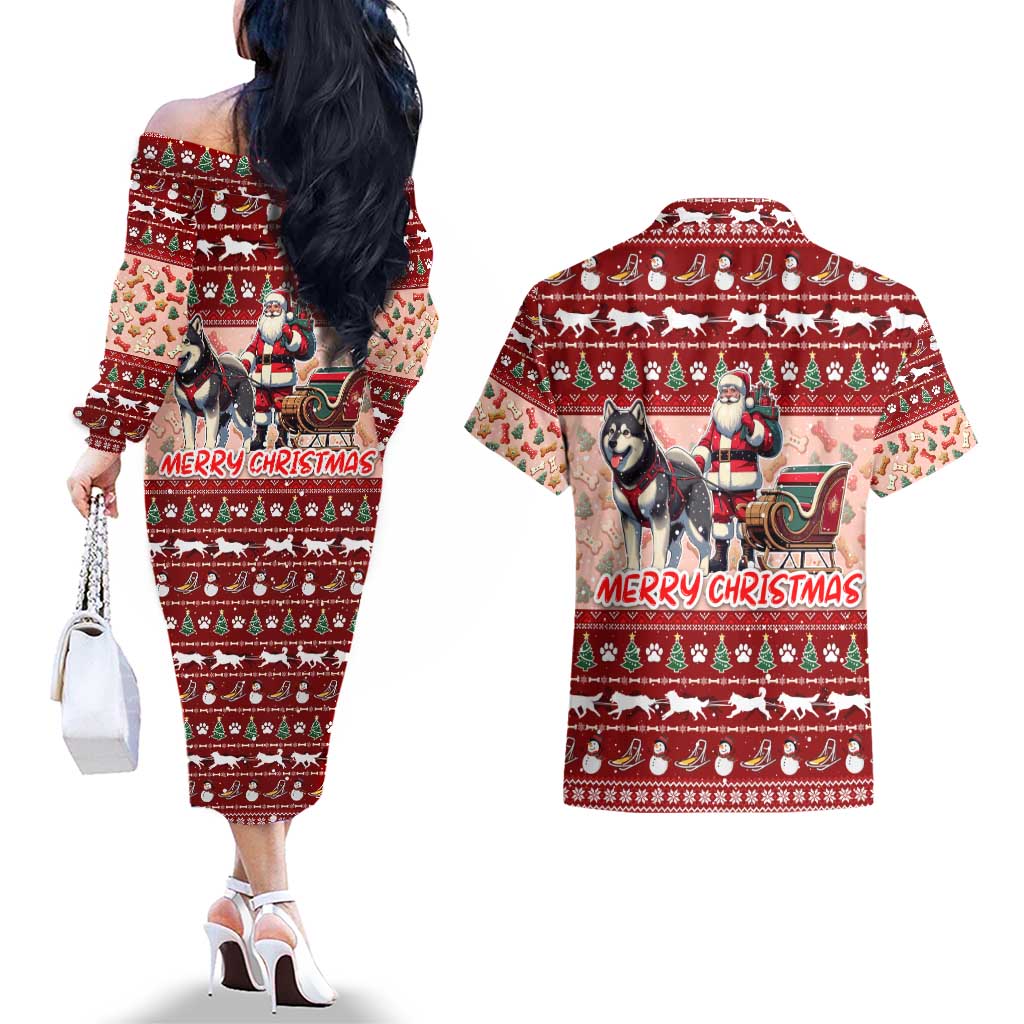 Dog Sled Christmas Couples Matching Off The Shoulder Long Sleeve Dress and Hawaiian Shirt Husky Sleigh Ride Design DT02 - Polynesian Pride
