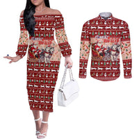 Dog Sled Christmas Couples Matching Off The Shoulder Long Sleeve Dress and Long Sleeve Button Shirt Husky Sleigh Ride Design DT02 Red - Polynesian Pride