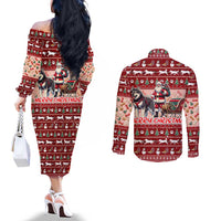 Dog Sled Christmas Couples Matching Off The Shoulder Long Sleeve Dress and Long Sleeve Button Shirt Husky Sleigh Ride Design DT02 - Polynesian Pride