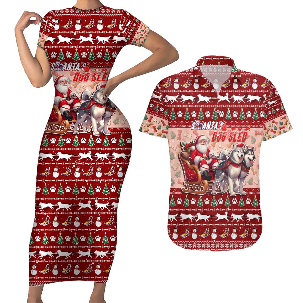 Dog Sled Christmas Couples Matching Short Sleeve Bodycon Dress and Hawaiian Shirt Husky Sleigh Ride Design DT02 Red - Polynesian Pride