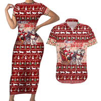 Dog Sled Christmas Couples Matching Short Sleeve Bodycon Dress and Hawaiian Shirt Husky Sleigh Ride Design DT02 Red - Polynesian Pride