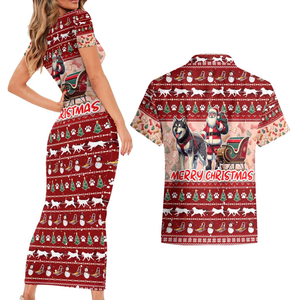 Dog Sled Christmas Couples Matching Short Sleeve Bodycon Dress and Hawaiian Shirt Husky Sleigh Ride Design DT02 - Polynesian Pride