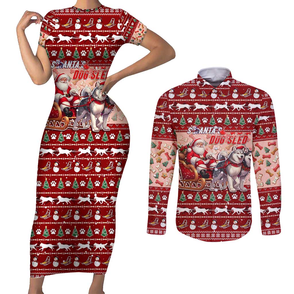 Dog Sled Christmas Couples Matching Short Sleeve Bodycon Dress and Long Sleeve Button Shirt Husky Sleigh Ride Design DT02 Red - Polynesian Pride