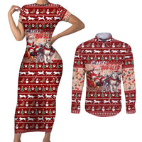 Dog Sled Christmas Couples Matching Short Sleeve Bodycon Dress and Long Sleeve Button Shirt Husky Sleigh Ride Design DT02 Red - Polynesian Pride