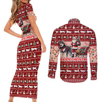 Dog Sled Christmas Couples Matching Short Sleeve Bodycon Dress and Long Sleeve Button Shirt Husky Sleigh Ride Design DT02 - Polynesian Pride