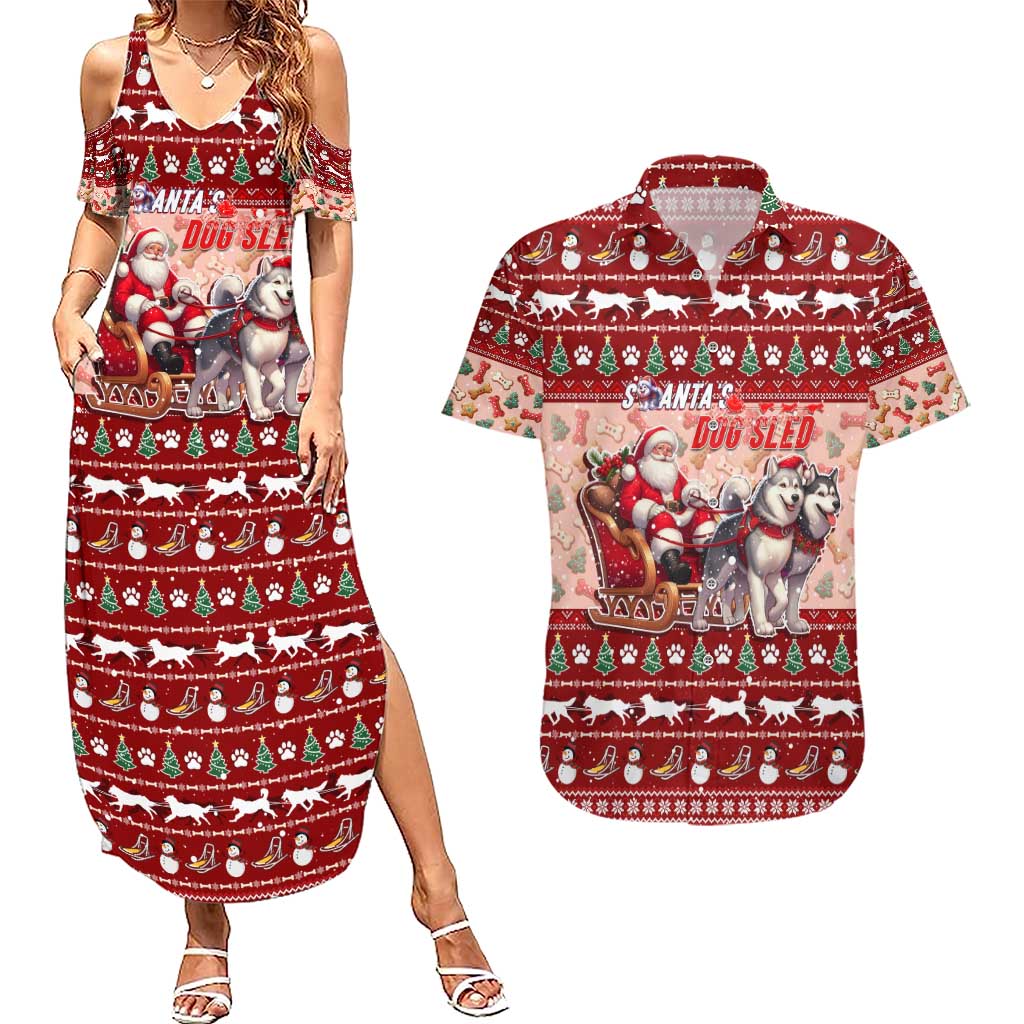 Dog Sled Christmas Couples Matching Summer Maxi Dress and Hawaiian Shirt Husky Sleigh Ride Design DT02 Red - Polynesian Pride