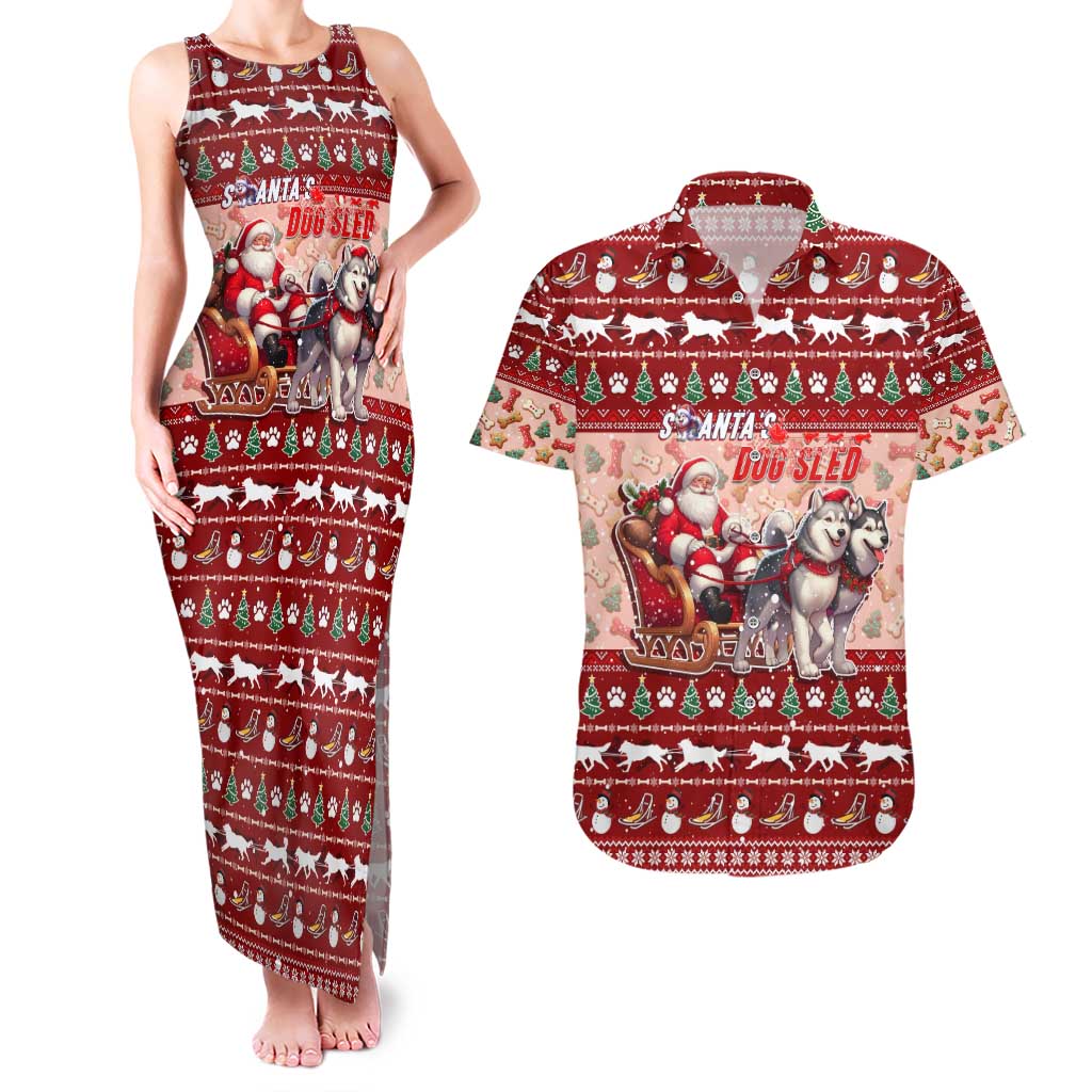 Dog Sled Christmas Couples Matching Tank Maxi Dress and Hawaiian Shirt Husky Sleigh Ride Design DT02 Red - Polynesian Pride