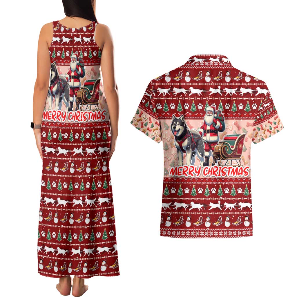 Dog Sled Christmas Couples Matching Tank Maxi Dress and Hawaiian Shirt Husky Sleigh Ride Design DT02 - Polynesian Pride