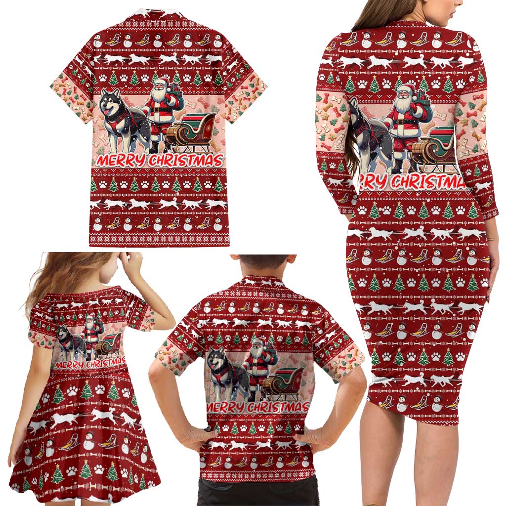 Dog Sled Christmas Family Matching Long Sleeve Bodycon Dress and Hawaiian Shirt Husky Sleigh Ride Design DT02 - Polynesian Pride