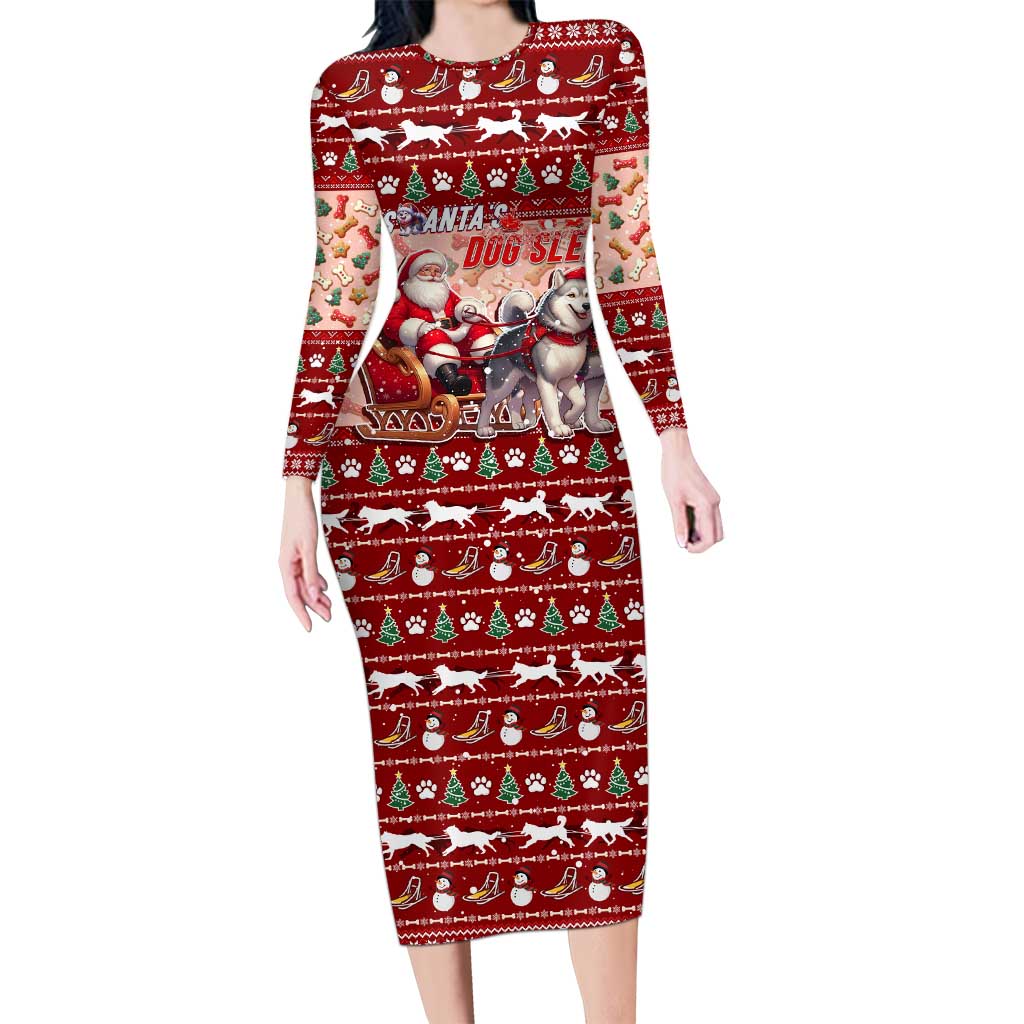 Dog Sled Christmas Family Matching Long Sleeve Bodycon Dress and Hawaiian Shirt Husky Sleigh Ride Design DT02 Mom's Dress Red - Polynesian Pride