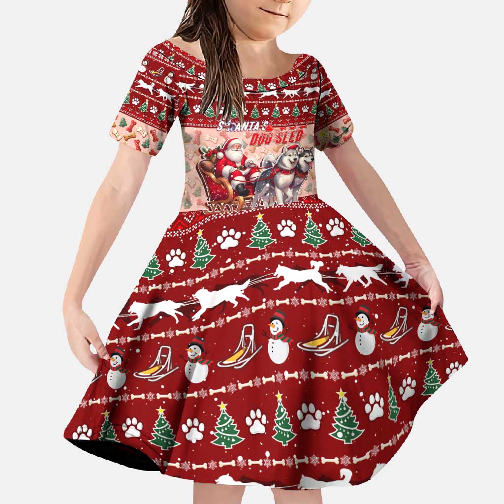 Dog Sled Christmas Family Matching Mermaid Dress and Hawaiian Shirt Husky Sleigh Ride Design DT02 Daughter's Dress Red - Polynesian Pride