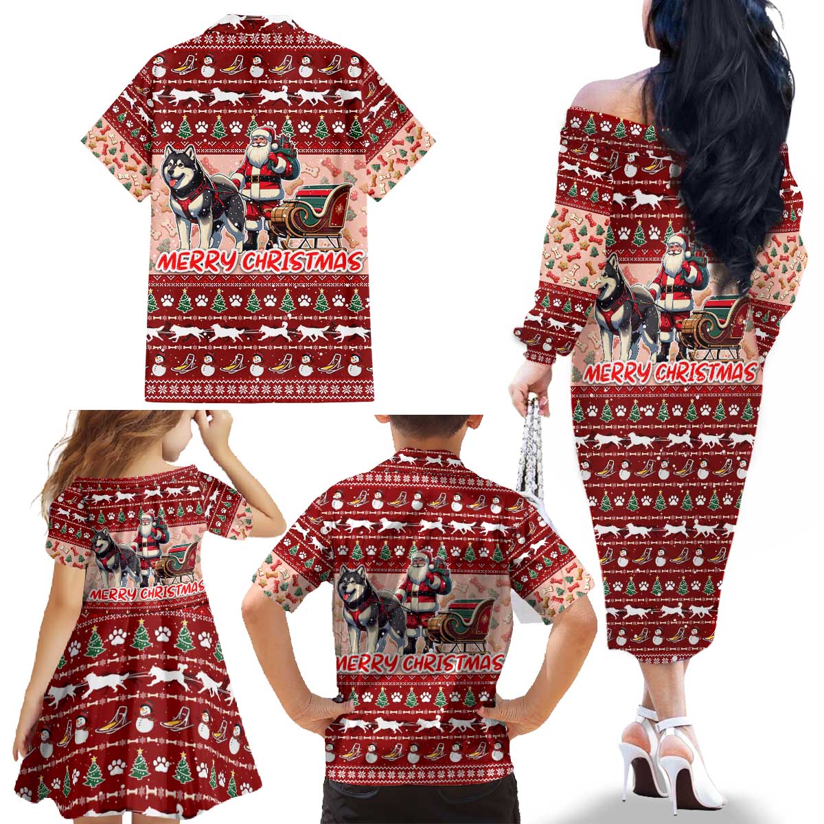 Dog Sled Christmas Family Matching Off The Shoulder Long Sleeve Dress and Hawaiian Shirt Husky Sleigh Ride Design DT02 - Polynesian Pride