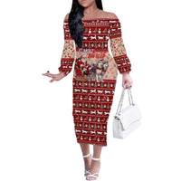 Dog Sled Christmas Family Matching Off The Shoulder Long Sleeve Dress and Hawaiian Shirt Husky Sleigh Ride Design DT02 Mom's Dress Red - Polynesian Pride